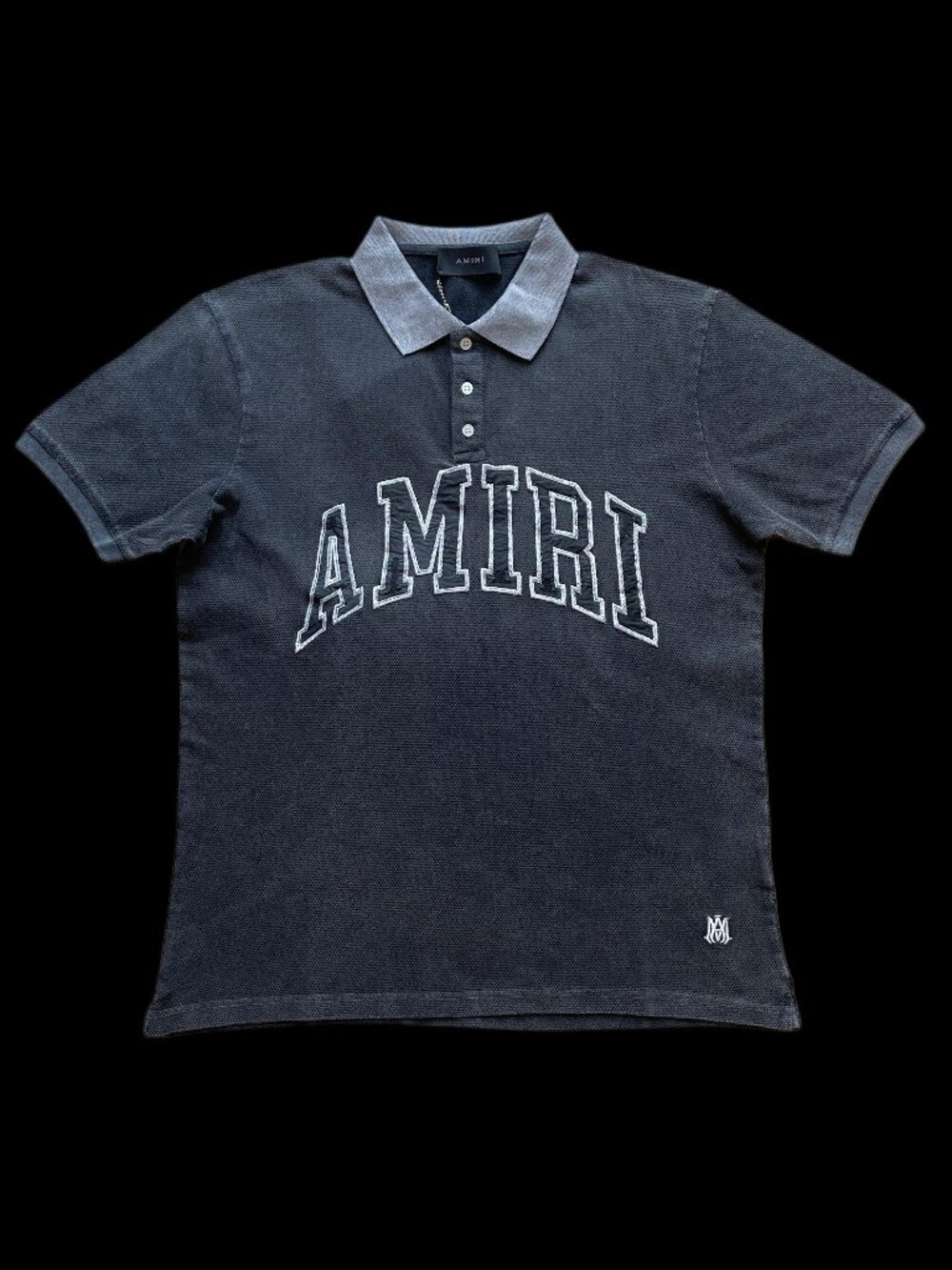 AMIRI Black Textured Polo Shirt Embroidered Varsity Logo Short Sleeve Large